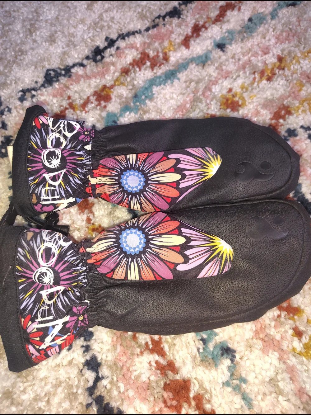 BooDun Floral Snow Mittens  - Black with Pink & Red Flowers